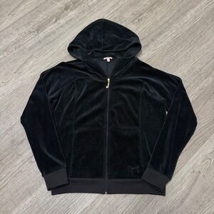 Juicy Couture Y2K Womens Black Velour Zip Up Hoodie Rhinestone J Pull Large